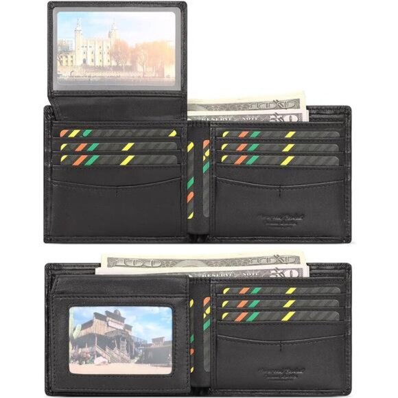 Genuine Leather Bifold Wallet Minimalist With 2 ID Window - Picture 3 of 7